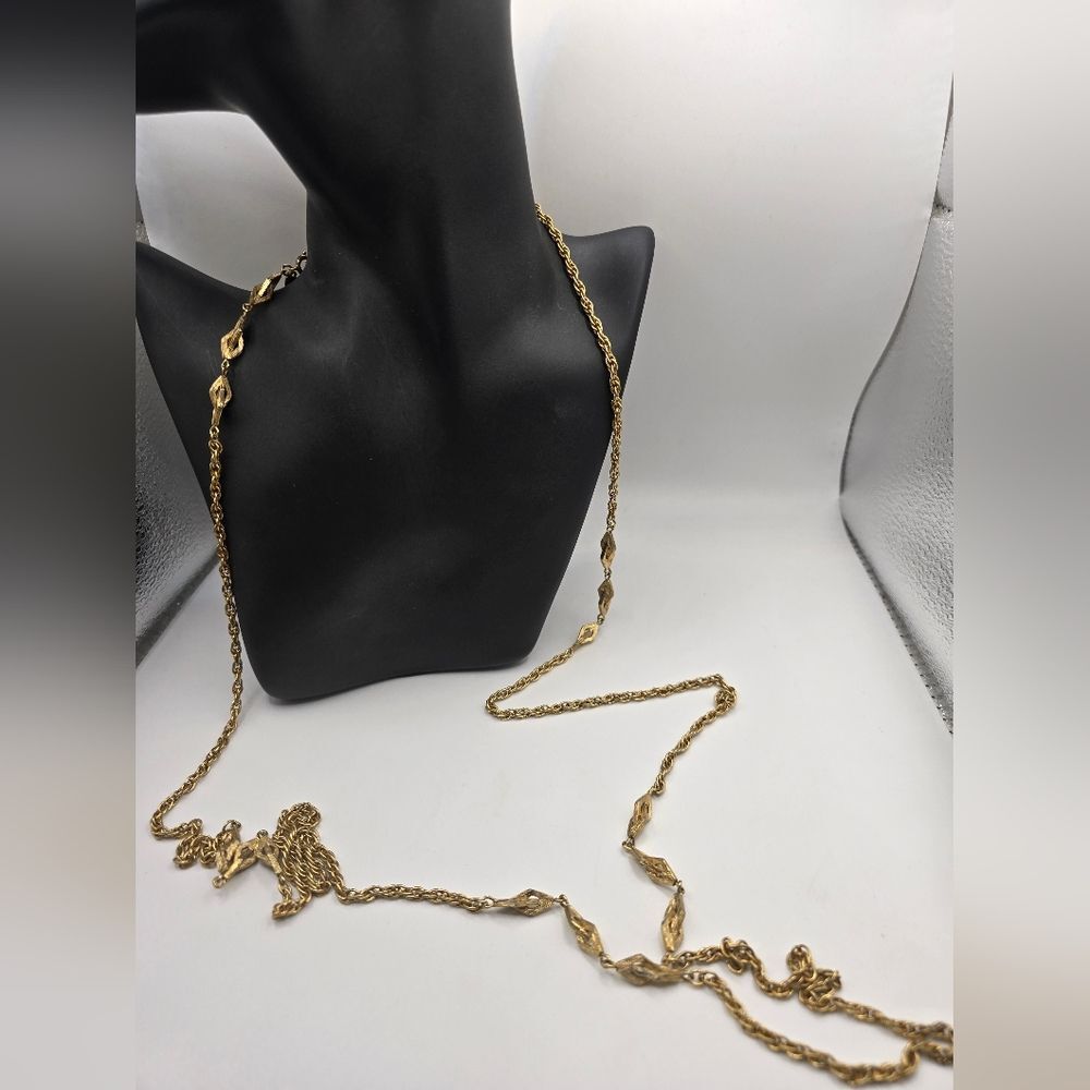 MONET Long Gold Tone Station Link Chain Necklace Signed Vintage